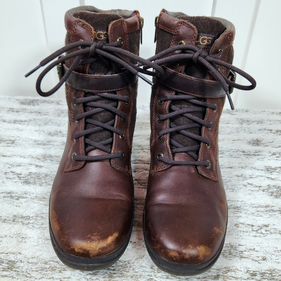 UGG "Kesey" Waterproof Leather Knit Combat Boot Chestnut Brown, Women's Size 9.5 - Picture 5 of 14